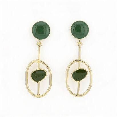 Kolczyki "Szmaragdowa Abstrakcja" – Złote Wiszące z Zieloną Emalią